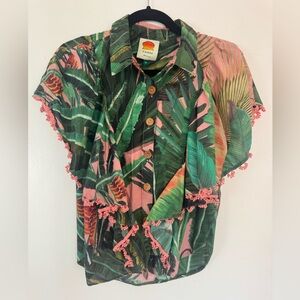 FARM RIO Women’s Medium Tropical Button Down Shirt - Green and Pink Palms